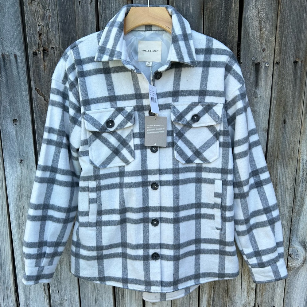 NWT Thread & Supply Plaid Shirt Jacket Grey White XS